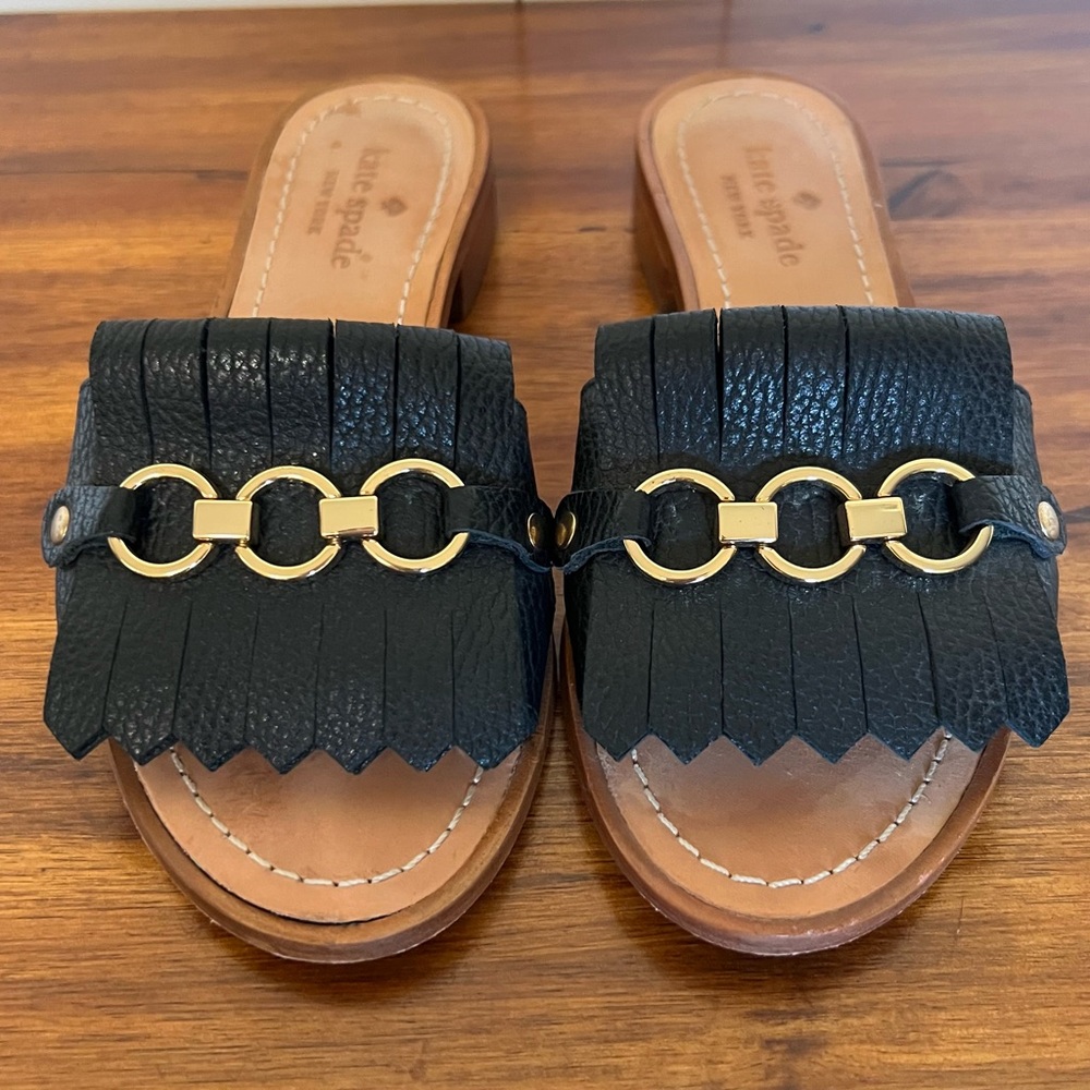 Kate Spade New York Brie size 5 black fringe flat slide. Very good condition.